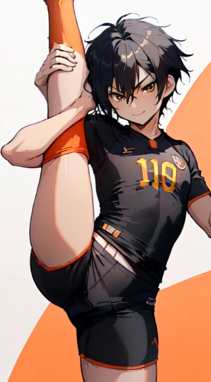 (((superfine illustration,hight resolution, masutepiece, best qualtiy,Best Quality)))、hightquality, detaileds, (A ),12 years oace striker with a super cute face,A boy as beautiful as Planding, Cool handsome face with smile, soccer spike, Long legs, thighs thighs thighs thighs, Foots, Bulge, (Black hair、Spiky hairstyle)、Shiny hair, (tight shiny orange soccer uniform suit), (tight and shiny soccer shorts), (Soccer Socks), tussock, Cool pose, (厚いthighs thighs thighs thighs、Seduce your big ass to your crotch)、(((Football Stadium:1.2)))、((cocky、))、Smirk、(((standing split:1.4))),Ultra-fine painting, (Best Quality, 4K, 8K, hight resolution, masutepiece),((detailedsな目))、kawaii eyes、I-shaped balance、raise leg、(((正確でdetailedsな脚:1.4))),