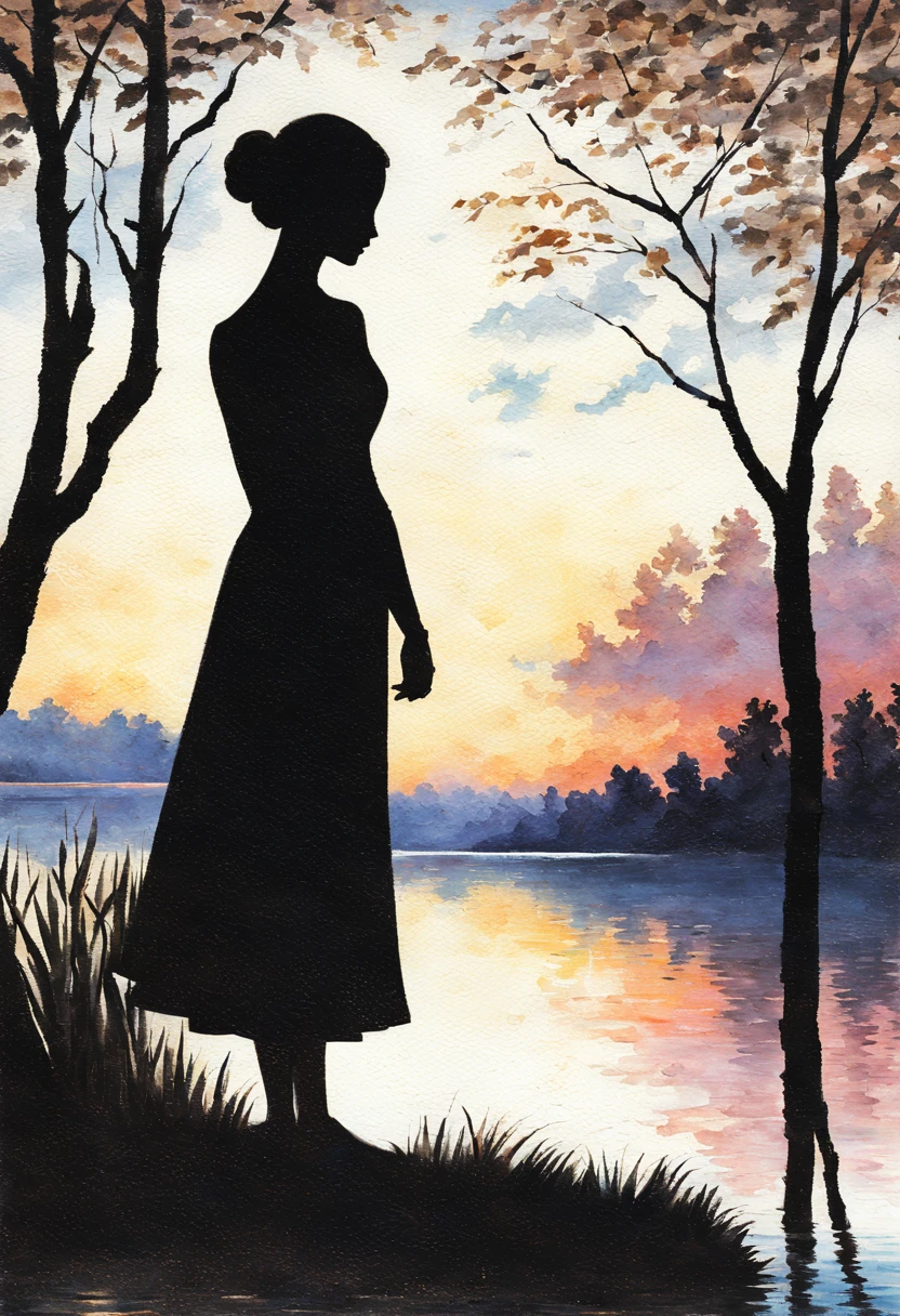 midynight，Silhouette of 1girl standing elegantly by the tranquil lake,Extremely Delicately Beautiful,tmasterpiece,Best quality,oil painted