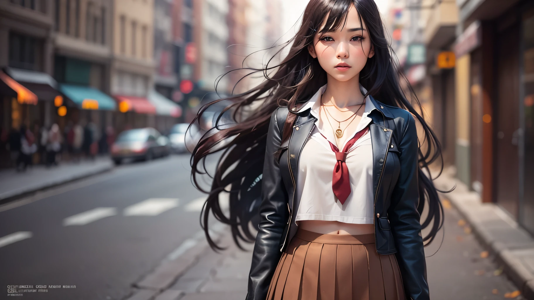 :masterpiece,best quality,official art,extremely detailed CG unity 8k wallpaper, photo, real, realistic, huge_filesize, girl, long hair, black hair, cute face, perfect_body, necklace, serafuku school uniform, pleated skirt, tokyo (city), professional lighting, Chest Shot(MCU), --auto --s2