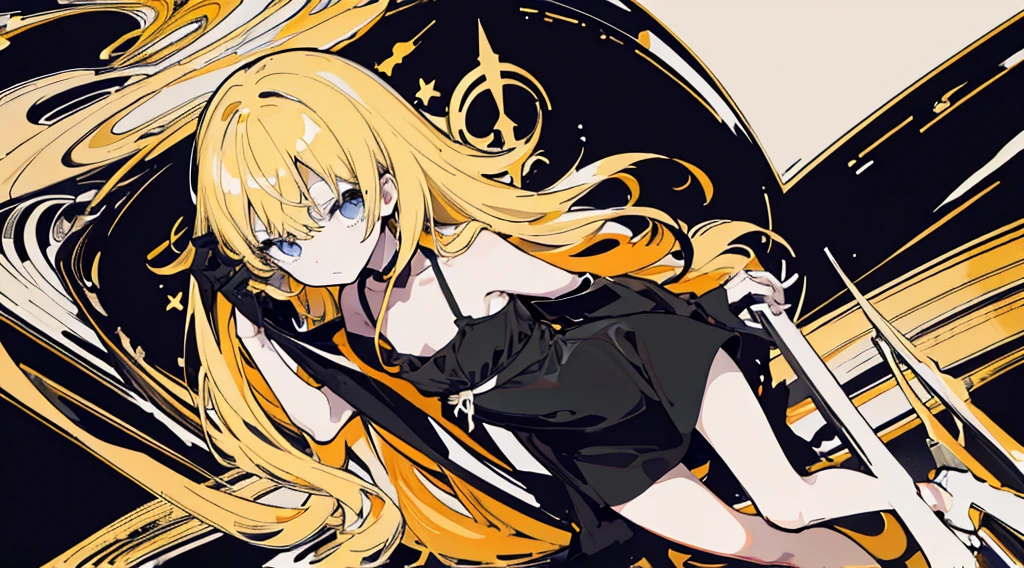 (1 girl, blonde hair, black sundress), (black mass), (low contrast, flat color, limited palette)