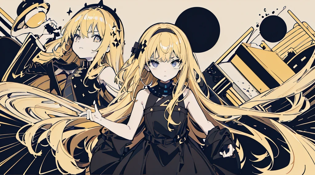 (1 girl, blonde hair, black sundress), (black mass), (low contrast, flat color, limited palette)