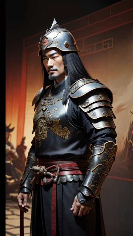 oriental、man in ancient chinese armor、Ancient Chinese man wearing a leather helmet、a simple man、three kingdom、multiple warlords、top-quality、​masterpiece、超A high resolution、(Photorealsitic:1.4)、Game Posters、Clear and beautiful image quality、