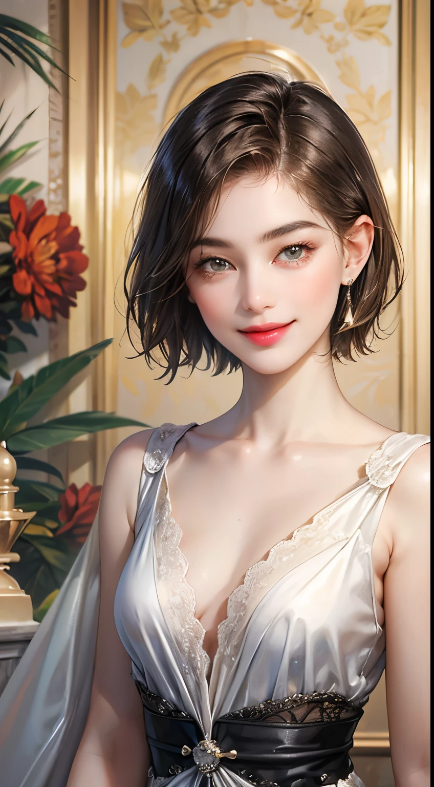 143
(a 20 yo woman), (A hyper-realistic), (high-level image quality), ((beautiful hairstyle 46)), ((short-hair:1.46)), (kindly smile), (brest:1.1), (lipsticks)