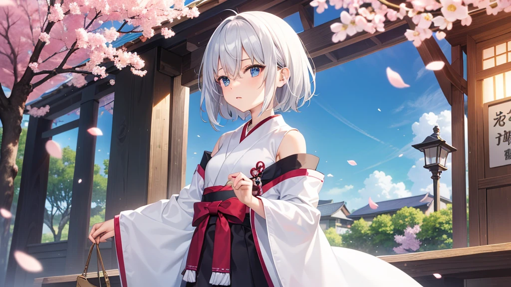 (masutepiece: 1.2, Best Quality), 1 Lady, Solo, silber hair,Shoulder out,Very short hair, long bangs between eyes, blue eyess,Black eyes,,White hair, Silver hair, shrine maiden clothe、shrines、cherry blossoms falling
