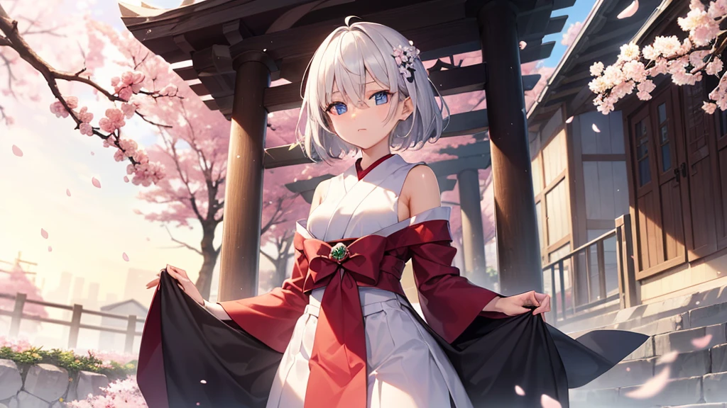 (masutepiece: 1.2, Best Quality), 1 Lady, Solo, silber hair,Shoulder out,Very short hair, long bangs between eyes, blue eyess,Black eyes,,White hair, Silver hair, shrine maiden clothe、shrines、cherry blossoms falling