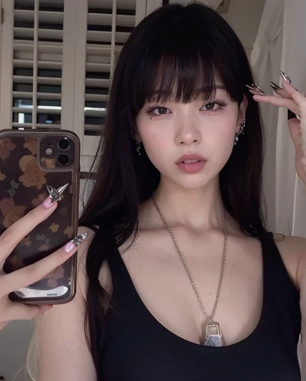 Araffe Asian woman with long black hair and a black tank top holding a cell phone, cruel korean goth girl, ulzzang, goth girl aesthetic, Ella tiene el pelo negro con flequillo, maquillaje popular de Corea del Sur, 8k selfie photograph, 🤤 girl portrait, maquillaje coreano popular, pale goth beauty, 1 7 - year - old anime goth girl