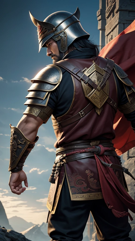 oriental、man in ancient chinese armor、Ancient Chinese man wearing a leather helmet、a simple man、three kingdom、multiple warlords、top-quality、masterpiece、超A high resolution、(Photorealsitic:1.4)、Game Posters、Clear and beautiful image quality、
