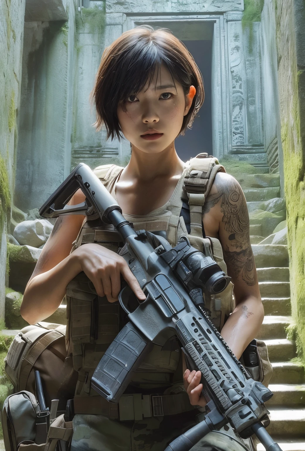 Photorealsitic、realistic skin textures、automatic rifle、The tattoo、musgo、ivy、wounds