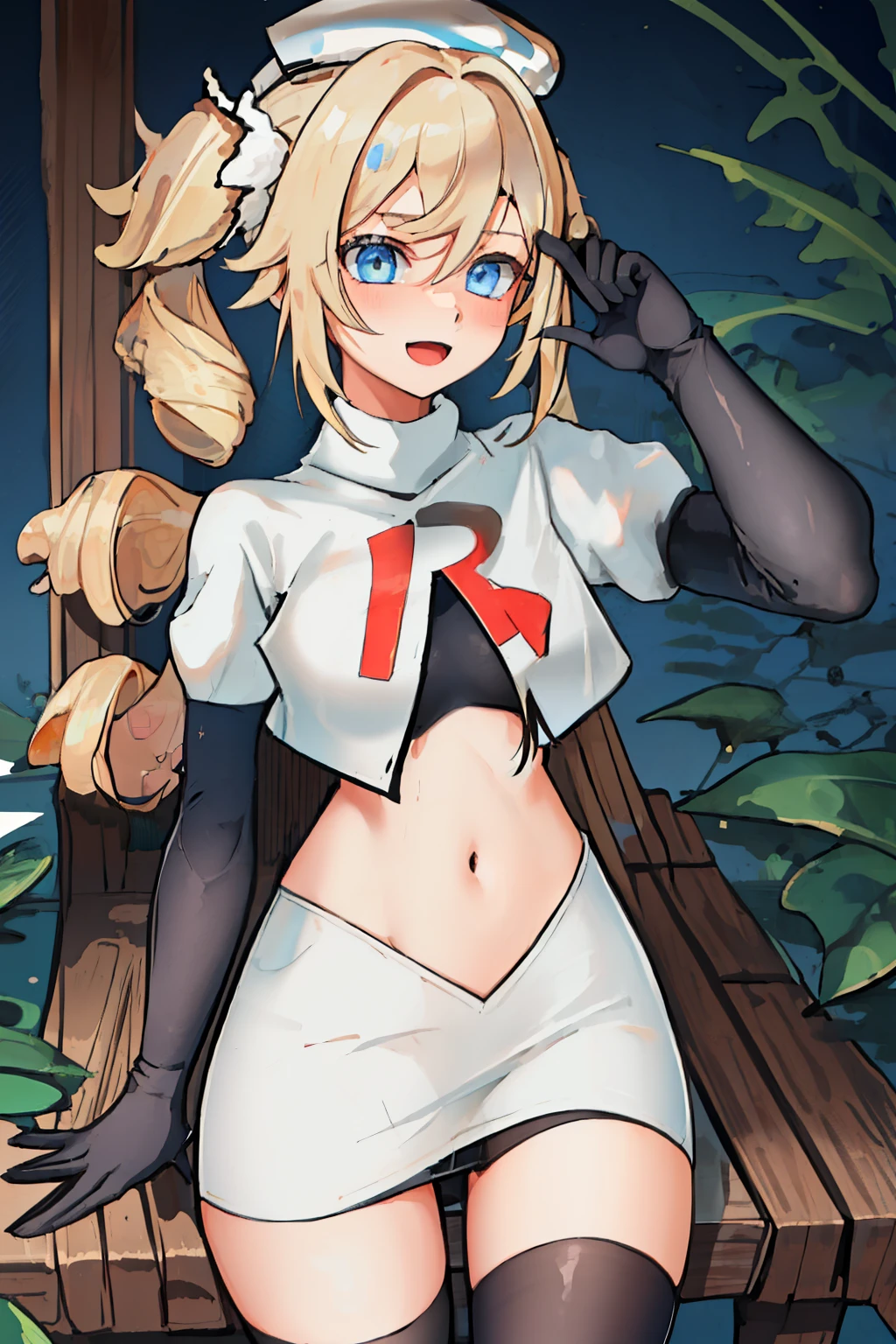 best quality, masterpiece, highres, solo, {barbara_genshin:1.15}, blonde_hair, blue_eyes, twintails, bangs, long_hair, drill_hair, twin_drills, hat, blush, breasts, white_headwear, hair_ornament, 1girl, hair_between_eyes, :d, team rocket,team rocket uniform,white skirt,red letter R,crop top,black thigh-highs,black elbow gloves
