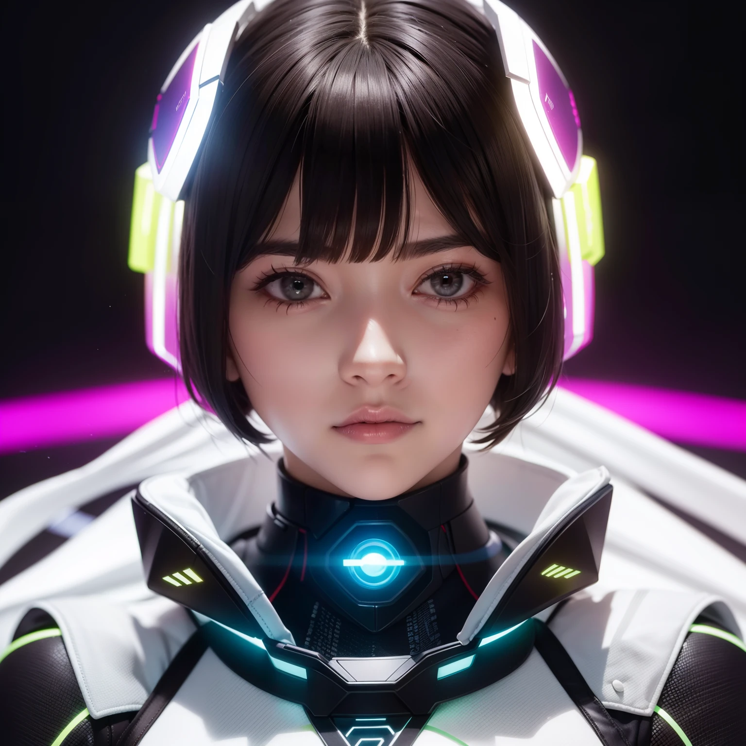Bust to waist ((perfect beauty face)) perfect skin, hyperrealistic masterpiece, Superheroine woman ((fringe glowing colorful)) in extremely complex & superdetailed tight plugsuit ((with white cape)), sharp focus, cinematic illumination: 8k, (((neos-cyberpunkcore aesthetic style::1)))