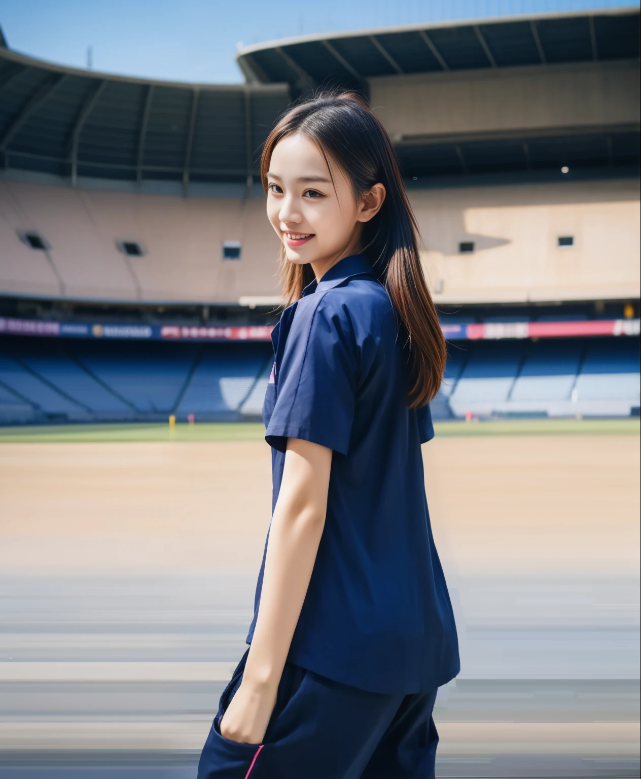 (bestquality,10,10,highres,masterpiece:1.2),ultra-detail,(Realistic,ภาพRealistic,photo-realistic:1.37),1 Cute girl in the football field,oily shiny skin,bara,light smile,BDclothelue shirt:1.3)),short sleeves,shirt, trousers.,(navy_long_ติดตามtrousers:1.1), ((Stadium Background:1.3)),dynamic angle,excited,face focus,Dynamic Poses,from behide,Ass Focus,masterpiece, bestquality, ultra realistic, hyper-detail, 8k resolution, RAW photo, crisp focus, ((Navy blue shirt:1.1)), short sleeves, เส้นทางlong, Complete bodyแบบ, 2 mature women, 18yo, cinematic light,trousersวอร์มสีน้ําเงิน,Gymware,Correct anatomy,Complete body, Correct body, sharp face, Correct bodyทางกายวิภาค, full entire body, Realistic gestures, long-haired, Realistic poses,Wear long shorts............................................,ช่วงขาlong,Shapely,Sculpting Girl, Slender Figure, mannequin mannequins, Shapely, Beautiful body,trousersวอร์มสีน้ําเงิน, Two girls kissing,((สวมwatch)), watch