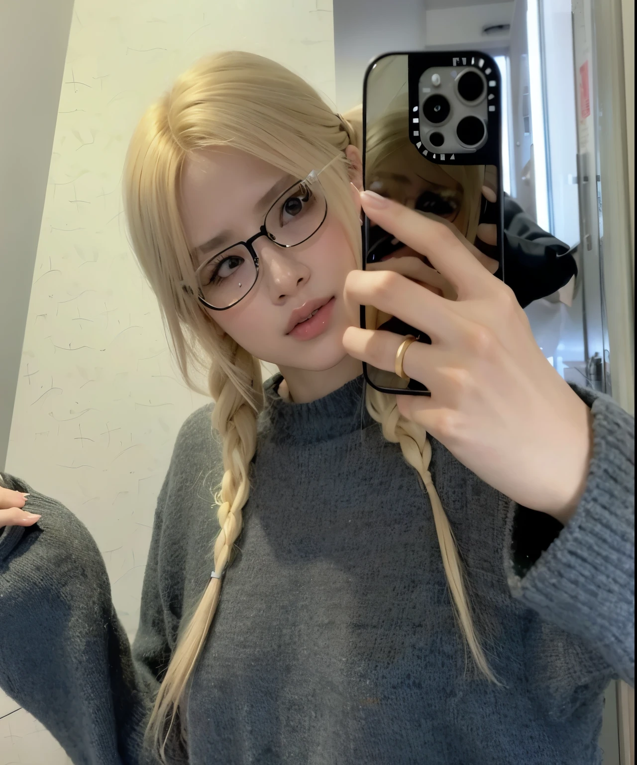 blond woman con gafas taking a selfie in a mirror, Chica de anime en la vida real, con gafas, taken in the early 2020s, Parque Roseanne de Blackpink, ulzzang, Hermosa Delphine, Rena Nounen Estilo 3/4, como personaje de anime, Shikamimi, con cabello largo y rubio, con gafas cuadradas, Heonhwa Choe