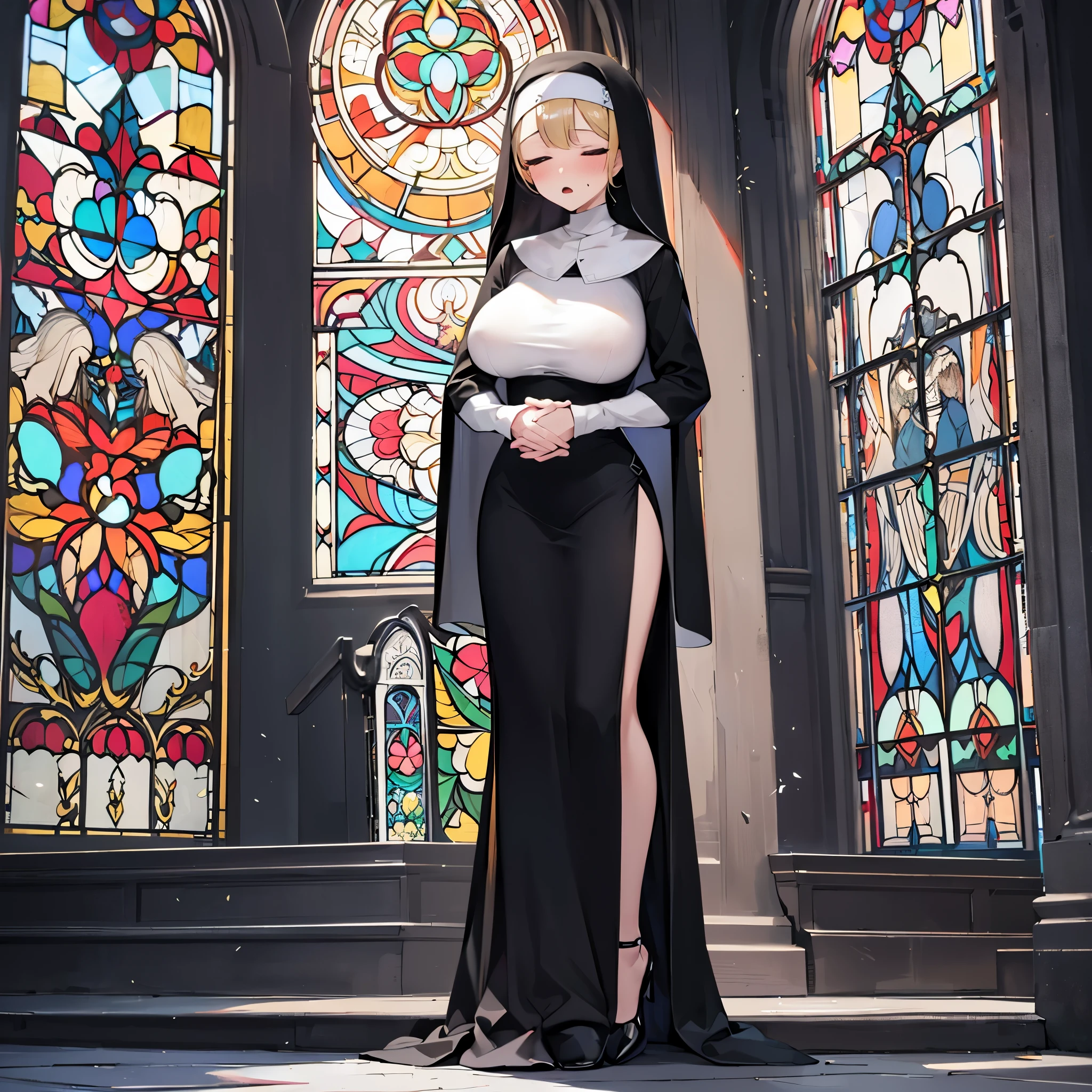 (solo 1 praying cute nun:1.3) standing in church, (praying with holding hands together over chest), very thin, (black sheer long dress:1.5), (gigantic breasts:1.3), (bursting perky breasts:1.2), (black sheer long skirt:1.4), inconceivably thin waist, closing eyes, nose blush, open mouth, (heavy breathing:1.2), stained glass, full body, 8k, ultra-detailed, masterpiece, beautiful detailed hair