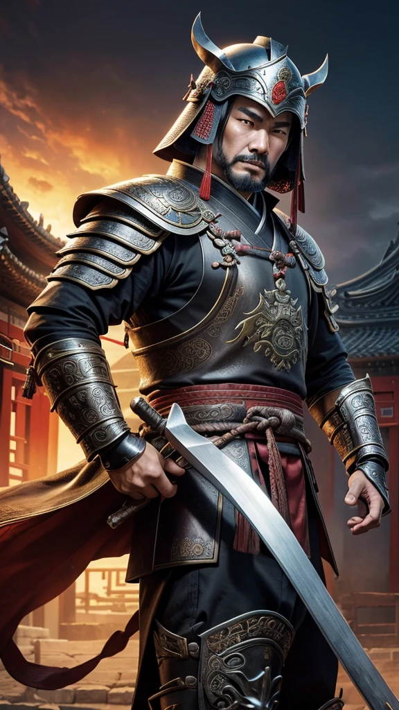 oriental、man in ancient chinese armor、Ancient Chinese man wearing a leather helmet、a simple man、three kingdom、multiple warlords、top-quality、​masterpiece、超A high resolution、(Photorealsitic:1.4)、Game Posters、Clear and beautiful image quality、