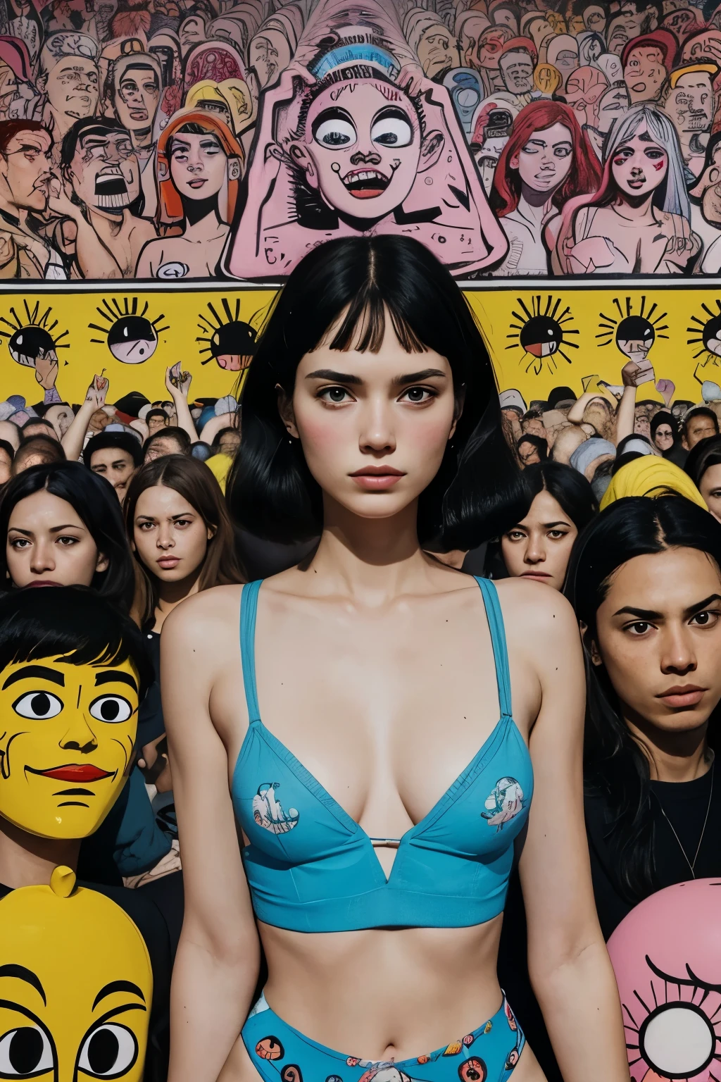 a painting of a woman in a crowd, by Gary Panter, inspired by Gary Panter, inspired by Michael Deforge, by Michael Deforge, burning, by Sándor Bortnyik, inspired by David Wojnarowicz, by Bernardo Daddi, by Warren Mahy, artwork, by Aníbal Villacís