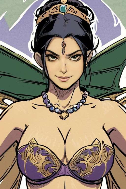 ink illustration, beautiful noble queen, looking at viewer enchantingly, (((wearing dragon scale brassiere, long loincloth, large dragon wings, tiara))), (((small bust, narrow waist, thin abs))), (((american comic style, art by J. Scott Cambell)))