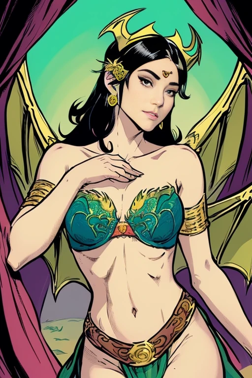 ink illustration, beautiful noble queen, looking at viewer enchantingly, (((wearing dragon scale brassiere, long loincloth, large dragon wings, tiara))), (((small bust, narrow waist, thin abs))), (((american comic style, art by J. Scott Cambell)))