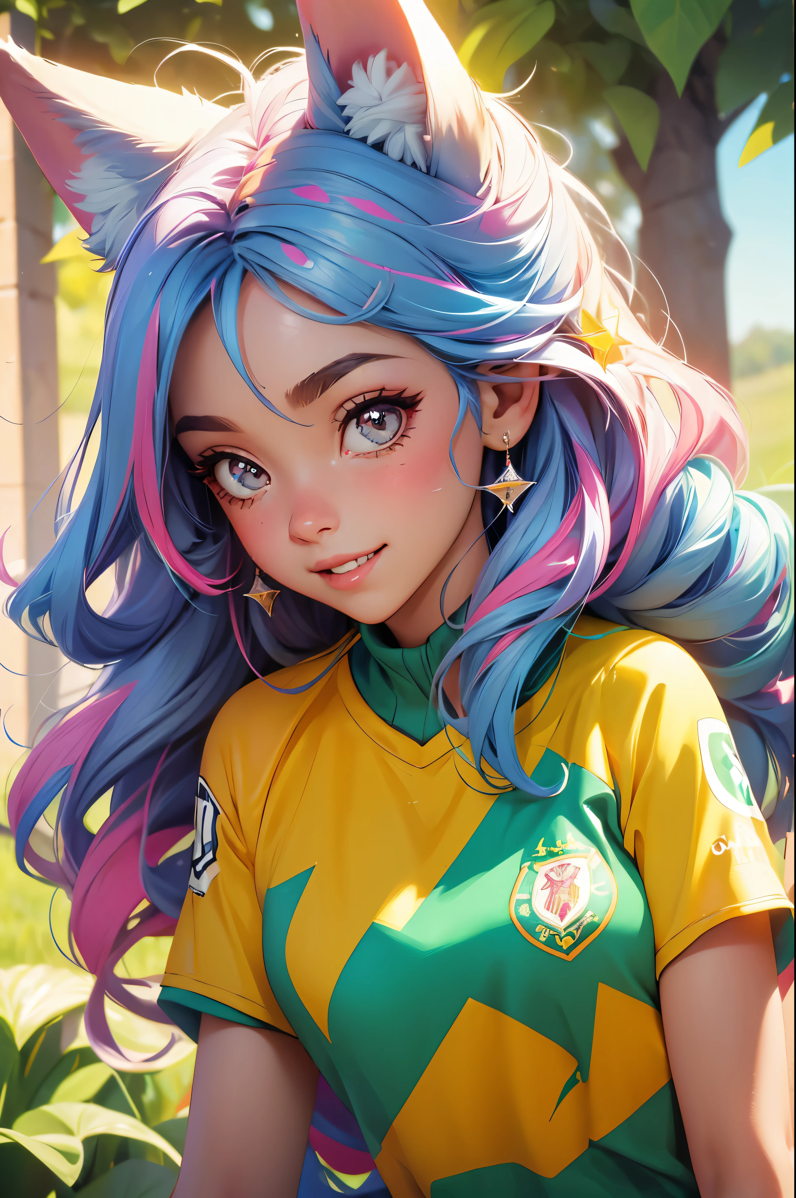 (obra-prima, melhor qualidade: 1.2), anime girl with fox ears, solo, foco feminino, sorriso, olhando para espectador, soccer uniform, campo de futebol, diamante, cabelo multicolorido, olhos multicoloridos