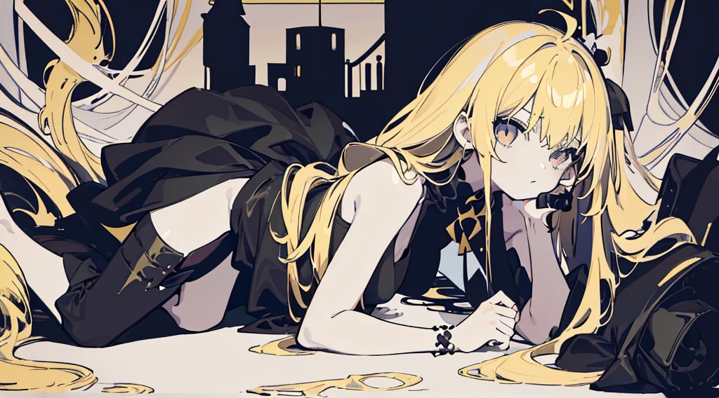 (1 girl, blonde hair, black ????????), (black mass), (low contrast, flat color, limited palette)