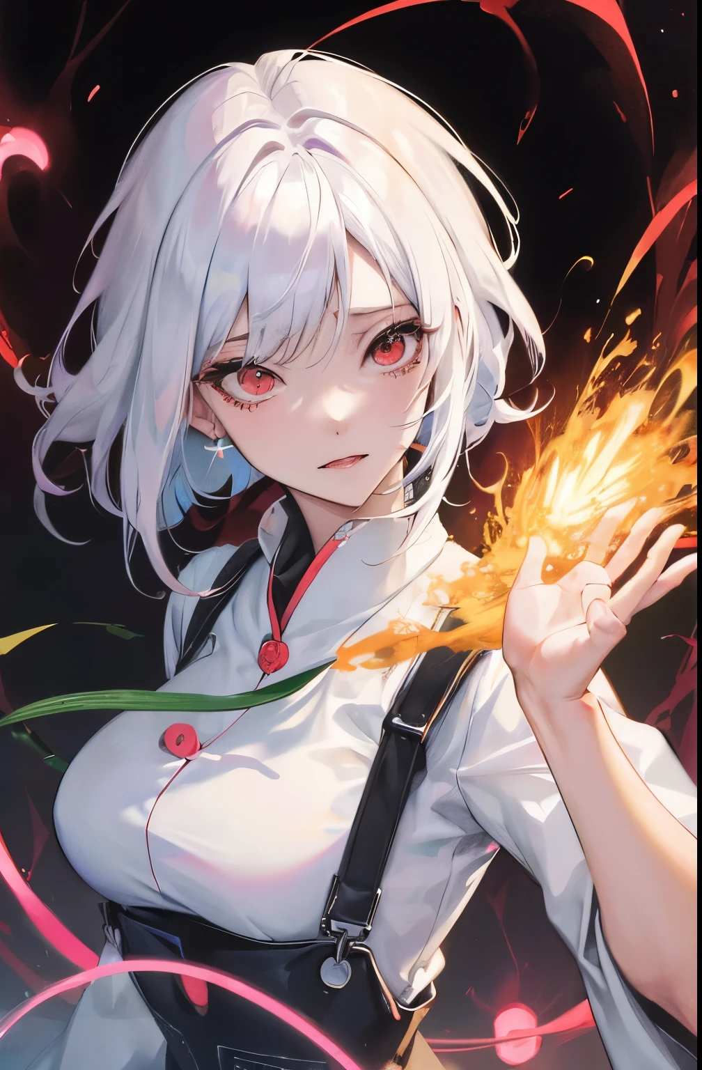 (((masutepiece)))), High quality, HDR color fidelity, incredibly detailed scenes, Anime/Cartoon style, The face of Japanese nationality, girl, White hair, Red Eyes, Feminine, sexy expression, Bigchest,A neon portal to another dimension that sucks in everything around it., Wearing tight overalls made in China, In a spectacular environment that seems to break through the cracks in the ground..