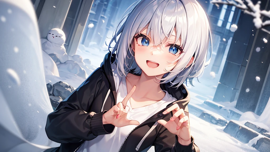 (masutepiece: 1.2, Best Quality), 1 Lady, Solo, silber hair,Shoulder out,Very short hair, long bangs between eyes, blue eyess,Black eyes, Hoodie,White hair, Silver hair, Hoodie, White hoodie、snowscape、A smile、open open mouth、5 fingers