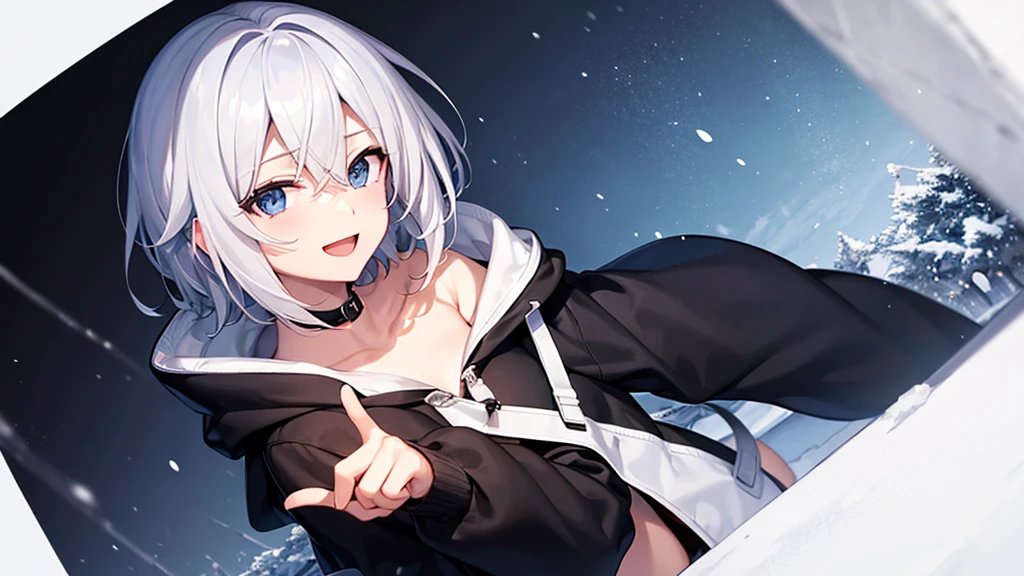 (masutepiece: 1.2, Best Quality), 1 Lady, Solo, silber hair,Shoulder out,Very short hair, long bangs between eyes, blue eyess,Black eyes, Hoodie,White hair, Silver hair, Hoodie, White hoodie、snowscape、A smile、open open mouth、5 fingers