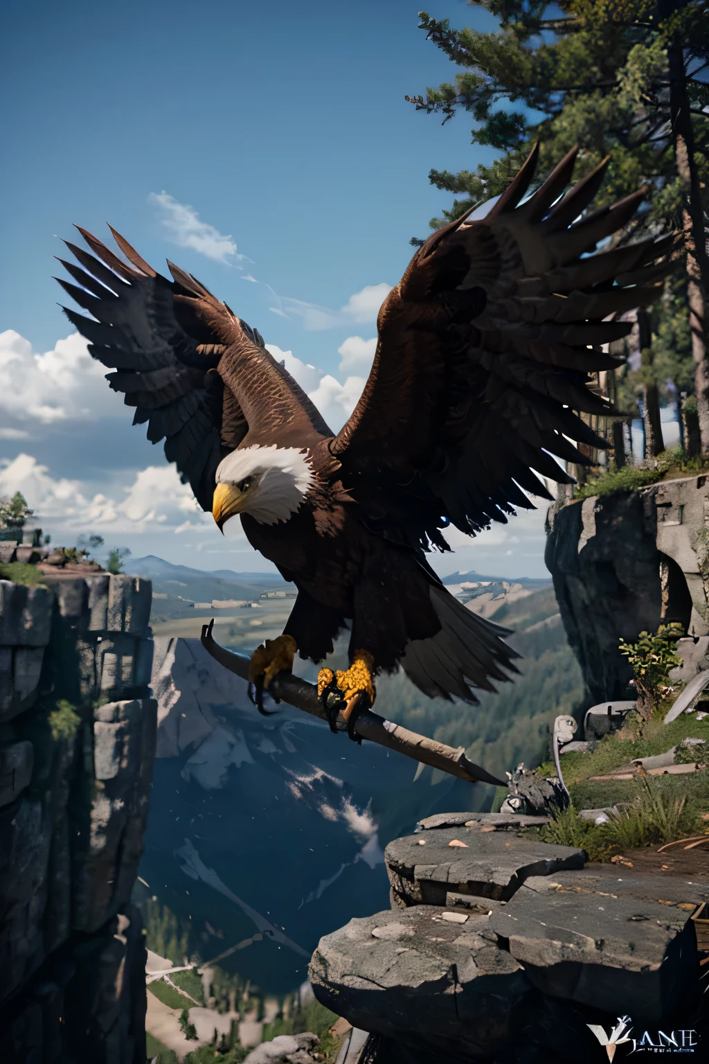 Eagle with landscape and ambient lighting from God of War. patas reais, eagle eyes