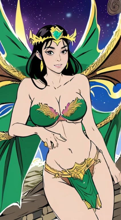 ink illustration, beautiful noble queen, looking at viewer enchantingly, (((wearing dragon scale brassiere, long loincloth, large dragon wings, tiara))), (((small bust, narrow waist, thin abs, beautiful legs))), (((american comic style, art by J. Scott Cambell)))