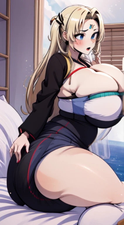 Tsunade Senju, 1 girl, ((bimbo))), long blond hair, puffy lips, painted lips, thick lips, wide hips, thick thighs, huge ass, screaming , enormous huge natural breasts, mature mom, white bra, in my bed, kissing another woman, huge bloated overflowing saggy beach ball panties about to burst