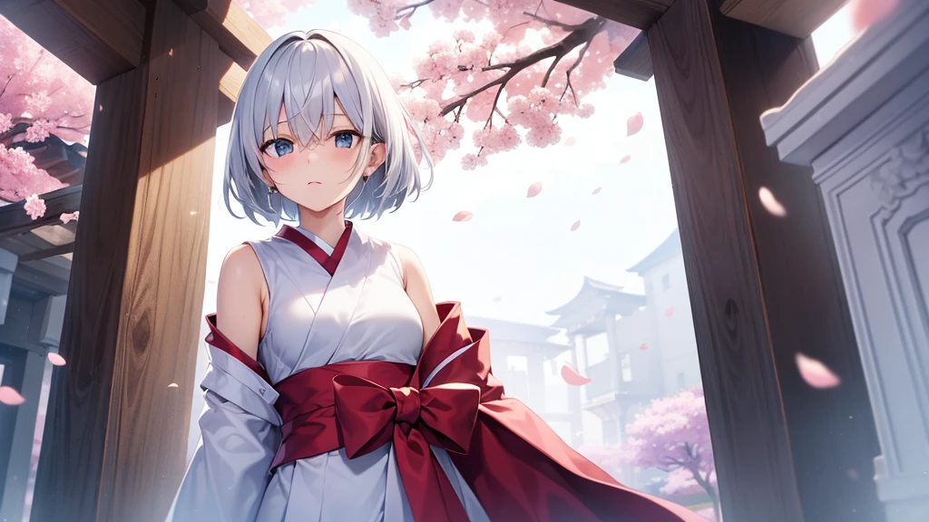 (masutepiece: 1.2, Best Quality), 1 Lady, Solo, silber hair,Shoulder out,Very short hair, long bangs between eyes, blue eyess,Black eyes,,White hair, Silver hair, shrine maiden clothe、shrines、cherry blossoms falling