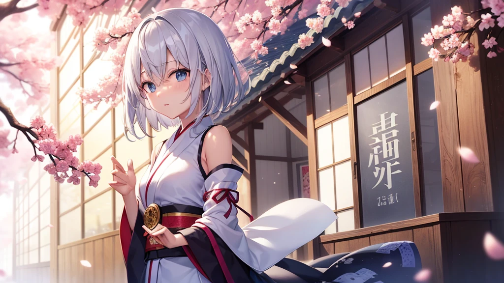 (masutepiece: 1.2, Best Quality), 1 Lady, Solo, silber hair,Shoulder out,Very short hair, long bangs between eyes, blue eyess,Black eyes,,White hair, Silver hair, shrine maiden clothe、shrines、cherry blossoms falling