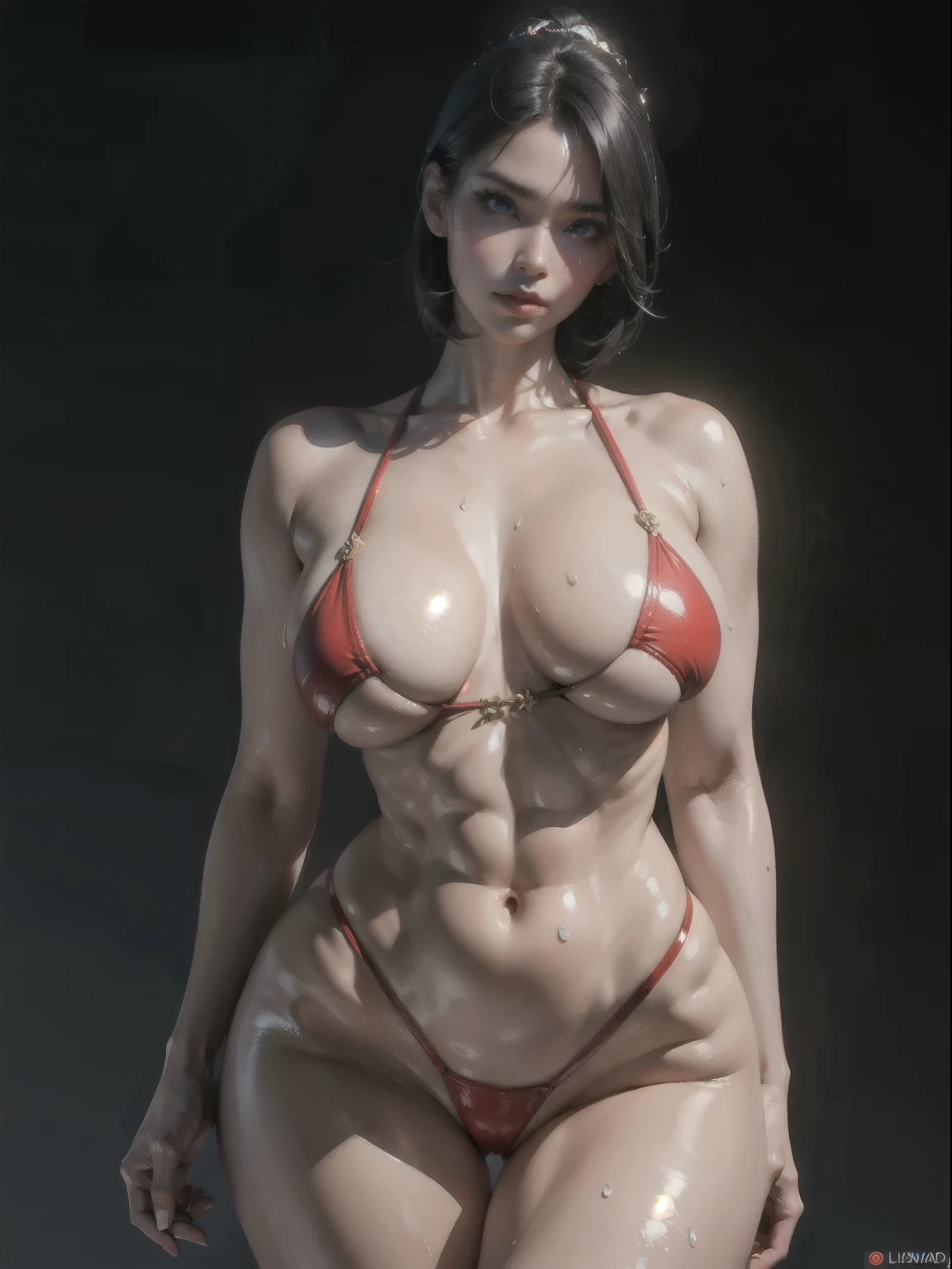 Realistic Huang Tingting, Delicate and messy short black hair, The middle view is, delicate skin, Detailed body, Muscular, Alone, Slip on a gleaming latex shiny leather bondage suit, humongous large breast, Thigh thick, Wide hips, Muscular的手臂, 占有量ulging veins in body, vein, muscle veins, Abs, Thigh thick, eBlue eyes, Natural skin texture, skin detailed, Skin glows, Skin glows, Wet skin, soaking, Skin glows, oilly skin, in the mediterranean, hight contrast, Realistic skin, skin pore, intricately details, with black background, hight contrast, Realistic skin, skin pore, intricately details, RAW photos, , glossy lips, lusciouslips, pretty nose, lifelike rendering, Immersive atmosphere, lightand shade contrast, Moody light, Perfect female body, Realistic skin, skin pore