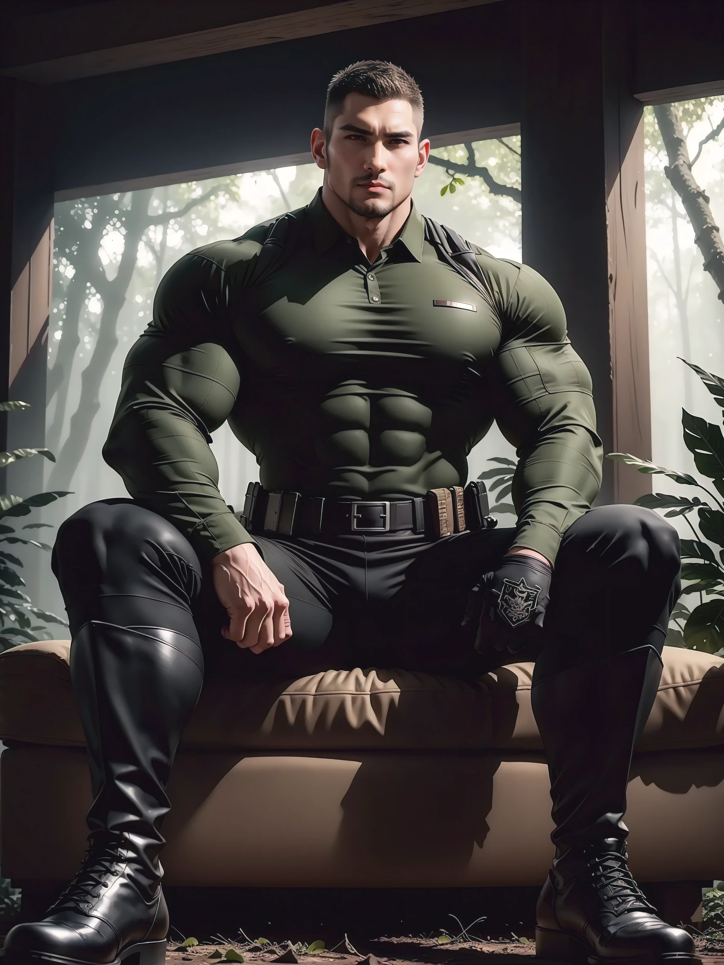 Tall giant muscular man sitting in the forest,Dark black camouflage military uniform,character design(Resident Evil - Chris Redfield,Chris Redfield)His hairstyle is a crew cut,身穿Dark black camouflage military uniform,Matte texture,Soft and comfortable sofa,Sitting in the eerie sugar cane jungle, The body is wrapped in thick rattan,expression sad,Deep and charming eyes,The hero with emerald pupils,heroic masculine pose,Tall and burly,musculous!Charming leg muscles,tall, Burly, and strong, 身穿Dark black camouflage military uniform, Super gain and cool, commission for high resolution, Big feet in black boots,Charming strong man,Bright sunlight shines on the body,Matte particles with shiny texture