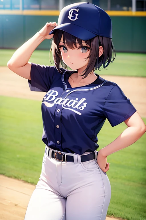 Cool girl, short hair, wear baseball uniform