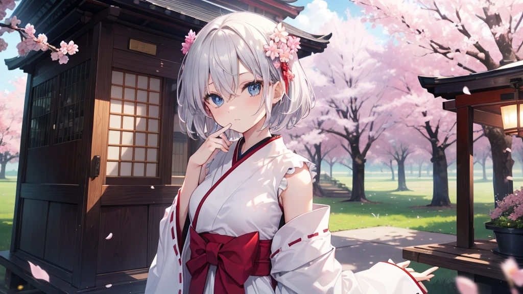 (masutepiece: 1.2, Best Quality), 1 Lady, Solo, silber hair,Shoulder out,Very short hair, long bangs between eyes, blue eyess,Black eyes,,White hair, Silver hair, shrine maiden clothe、shrines、cherry blossoms falling