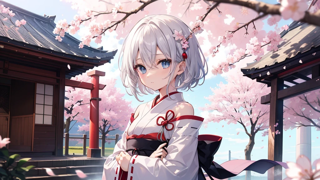 (masutepiece: 1.2, Best Quality), 1 Lady, Solo, silber hair,Shoulder out,Very short hair, long bangs between eyes, blue eyess,Black eyes,,White hair, Silver hair, shrine maiden clothe、shrines、cherry blossoms falling