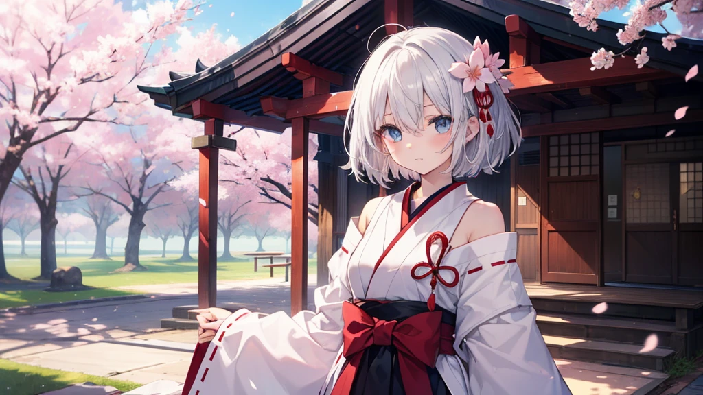 (masutepiece: 1.2, Best Quality), 1 Lady, Solo, silber hair,Shoulder out,Very short hair, long bangs between eyes, blue eyess,Black eyes,,White hair, Silver hair, shrine maiden clothe、shrines、cherry blossoms falling