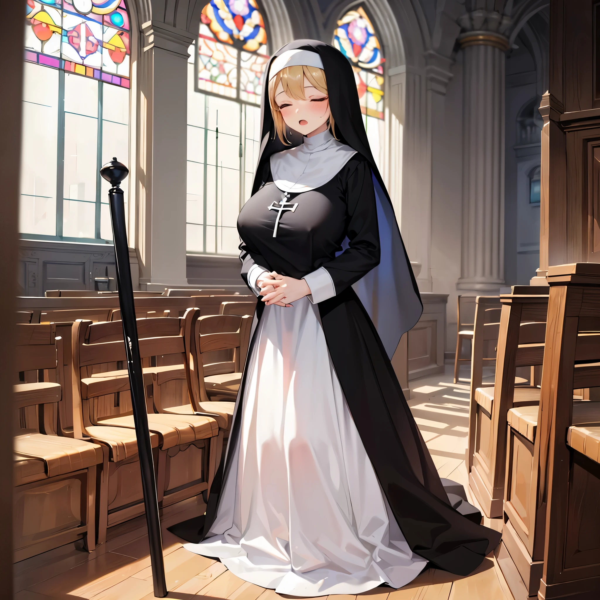 (solo 1 praying nun:1.2) standing in church, praying with holding hands together over chest, very thin, (black sheer long dress:1.4), (huge breasts:1.3), bursting breasts, (black sheer long skirt:1.3), inconceivably thin waist, closing eyes, nose blush, open mouth, (heavy breathing:1.2), stained glass, full body, 8k, ultra-detailed, masterpiece