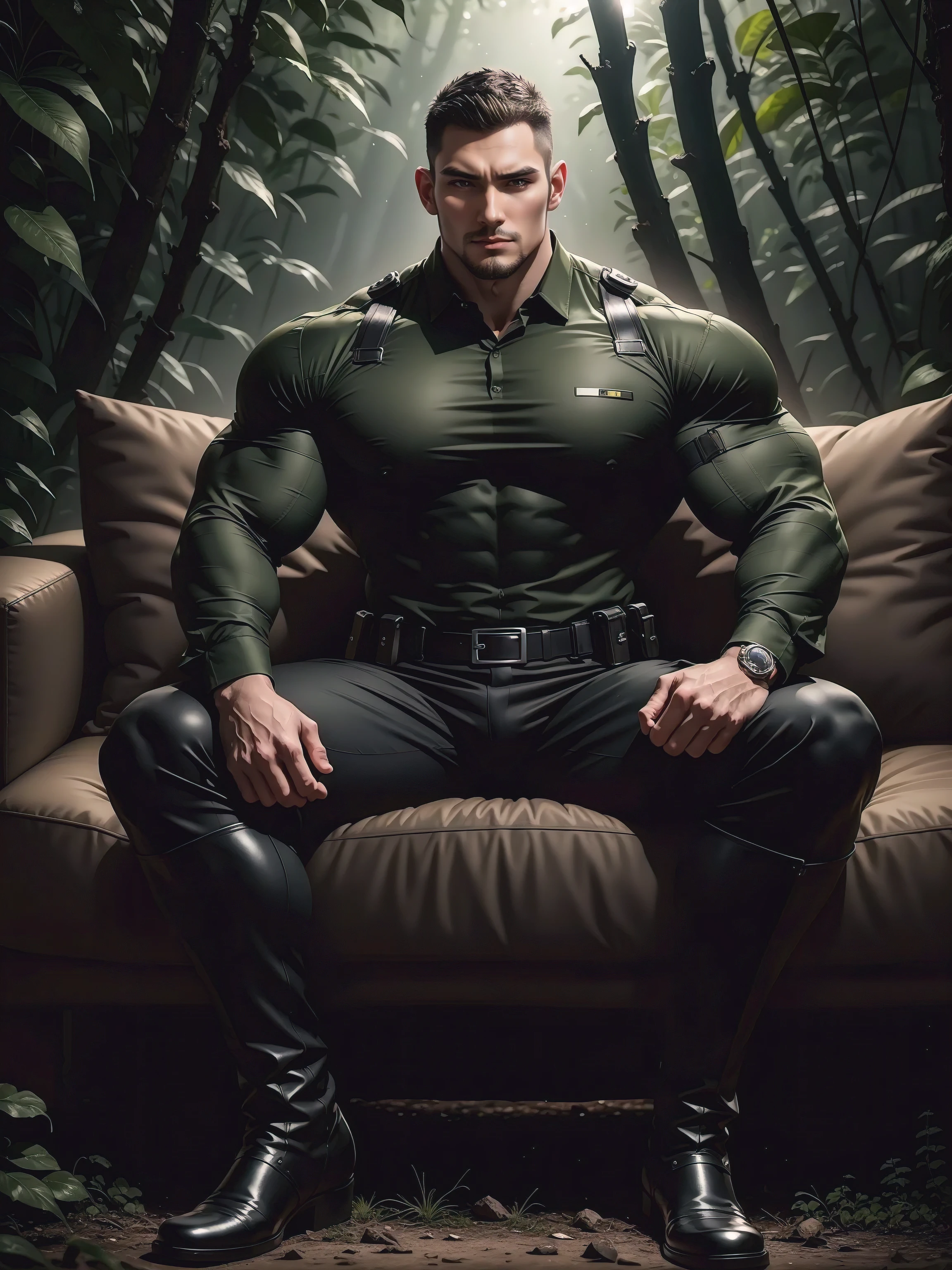 Tall giant muscular man sitting in the forest,Dark black camouflage military uniform,character design(Resident Evil - Chris Redfield,Chris Redfield)His hairstyle is a crew cut,身穿Dark black camouflage military uniform,Matte texture,Soft and comfortable sofa,Sitting in the eerie sugar cane jungle, The body is wrapped in thick rattan,expression sad,Deep and charming eyes,The hero with emerald pupils,heroic masculine pose,Tall and burly,musculous!Charming leg muscles,tall, Burly, and strong, 身穿Dark black camouflage military uniform, Super gain and cool, commission for high resolution, Big feet in black boots,Charming strong man,Bright sunlight shines on the body,Matte particles with shiny texture