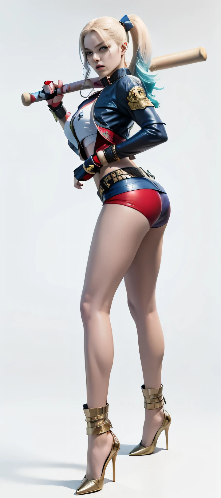 one in costume、Close-up of woman holding baseball bat, concept art by Juan O'Gorman, CGSoation trend, under art, 《king of warriors》人物, fighting game character, hq render, As a Tekken character, cammy, Harley Quinn Station, chun - li, Chun-li, chun li, Charming Jill Valentine, (Best quality at best, 4K, 8K, A high resolution, tmasterpiece:1.2), Black leather set, high-heels, ultra - detailed, (actual, realistically, realistically:1.37), Conceptual artist style, (realistically:1.2), (EndlessReality), (tmasterpiece:1.2), (Best quality at best), (hyper-detailing), (8K, 4K, Complex),, Alone, butt lift, Long gray hair, curlies, Complex细节, meticuloso纹理, meticuloso, a skirt, posterior view