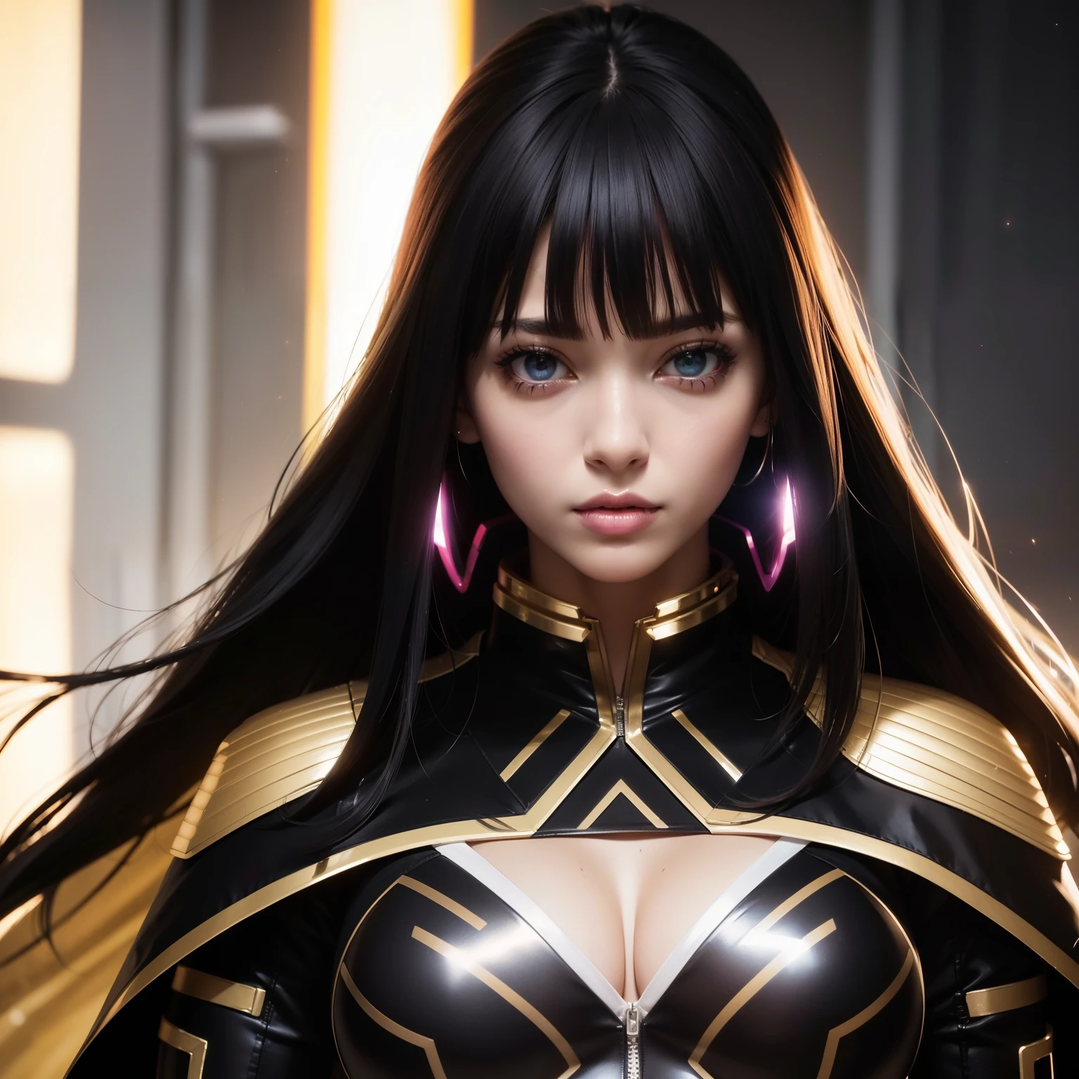 Bust to waist ((perfect beauty face)) perfect skin, hyperrealistic masterpiece, Superheroine woman ((fringe glowing colorful)) in extremely complex & superdetailed tight plugsuit ((with white cape)), sharp focus, cinematic illumination: 8k, (((neos-cyberpunkcore aesthetic style::1)))