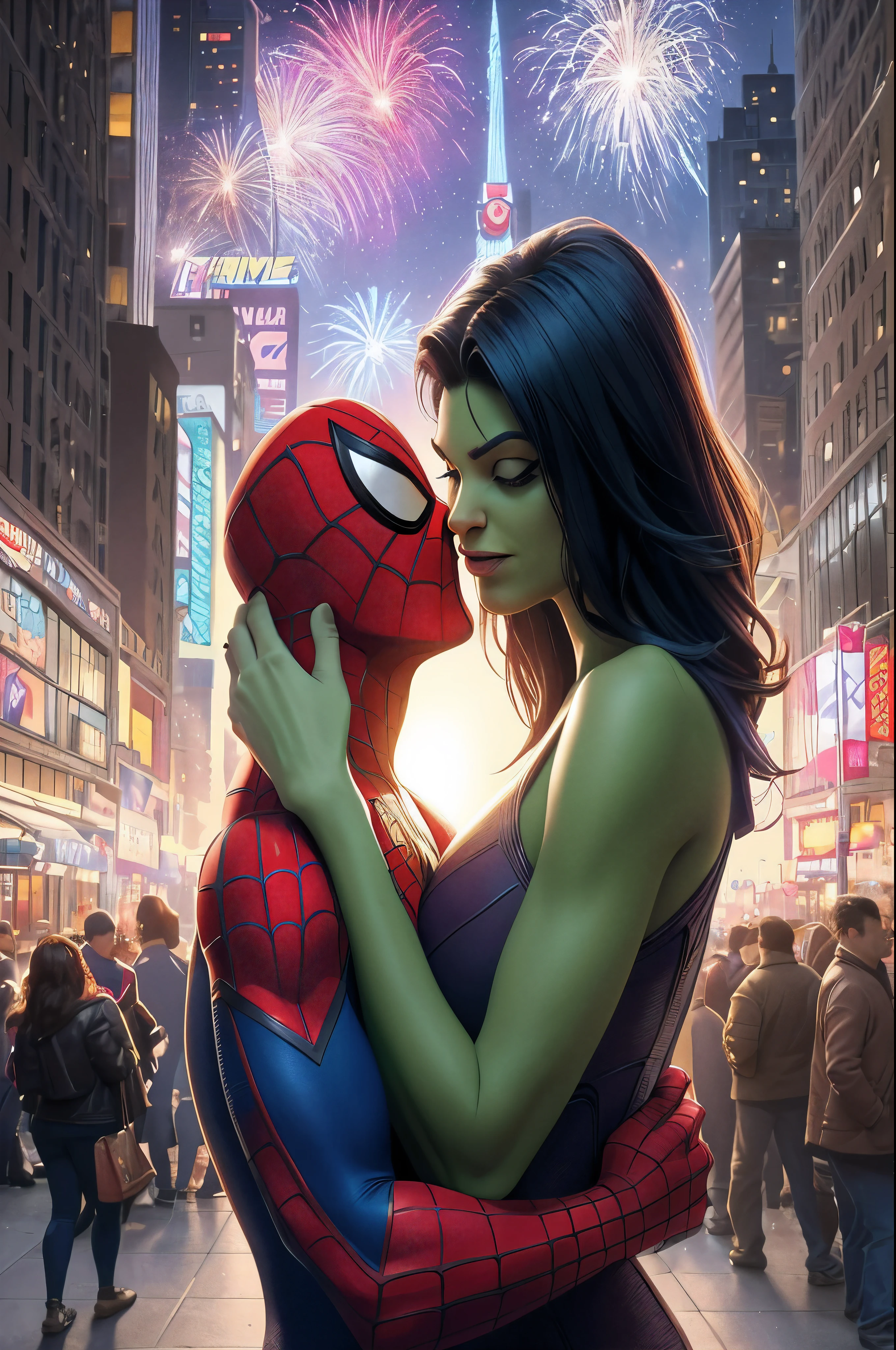 a close up of a woman hugging a spider - man in a city, by James Gurney, marvel art, in style of marvel and dc, she hulk, in style of marvel, comics style art, marvel style, by John La Gatta, she - hulk, hero pose colorful city lighting, marvel comics style, in style of marvel comics