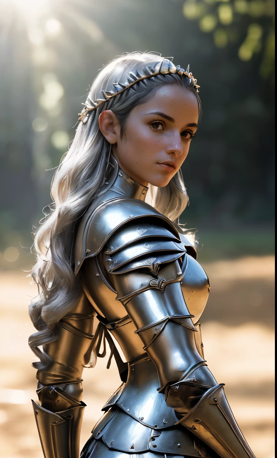 (Obra maestra), (extremadamente intrincado:1.3), (realista), Portrait photo of a young girl, The most beautiful in the world, (Armadura medieval), metallic reflections, Parte superior del cuerpo, al aire libre, luz solar intensa, Castillo lejano, Professional photograph of a stunning detailed woman, foco nítido, dramatic, Galardonado, cinematic lighting, Octane render Unreal engine, DTX volumetry, (Film grain, fondo borroso, primer plano borroso, Bokeh, Profundidad de campo, puesta del sol, Desenfoque de movimiento:1.3), Cota de malla