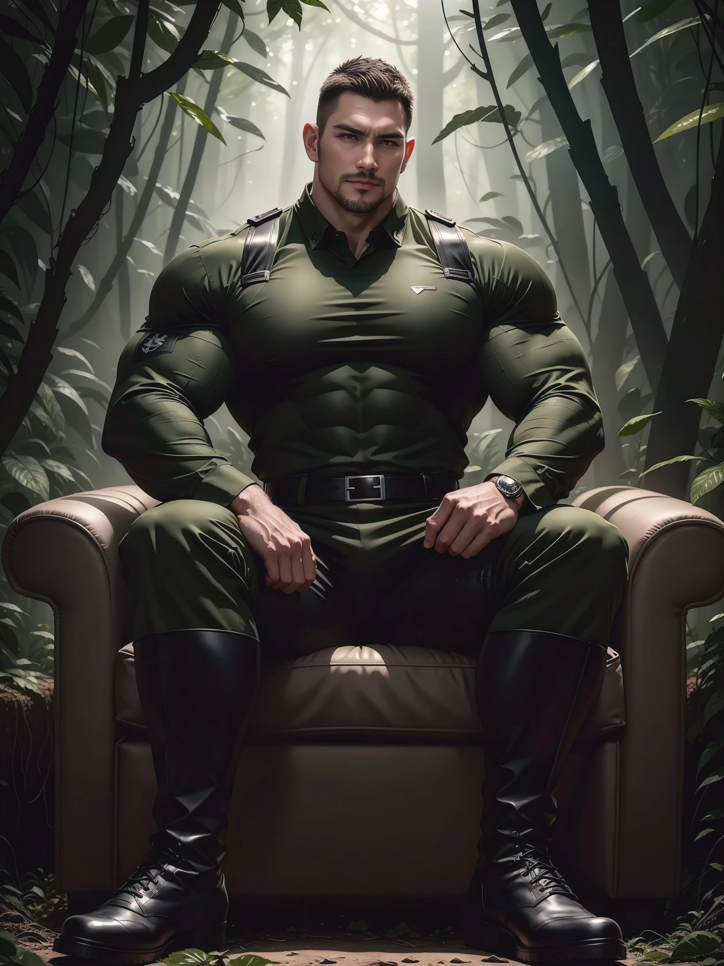 Tall giant muscular man sitting in the forest,Dark black camouflage military uniform,character design(Resident Evil - Chris Redfield,Chris Redfield)His hairstyle is a crew cut,身穿Dark black camouflage military uniform,Matte texture,Soft and comfortable sofa,Sitting in the eerie sugar cane jungle, The body is wrapped in thick rattan,expression sad,Deep and charming eyes,The hero with emerald pupils,heroic masculine pose,Tall and burly,musculous!Charming leg muscles,tall, Burly, and strong, 身穿Dark black camouflage military uniform, Super gain and cool, commission for high resolution, Big feet in black boots,Charming strong man,Bright sunlight shines on the body,Matte particles with shiny texture