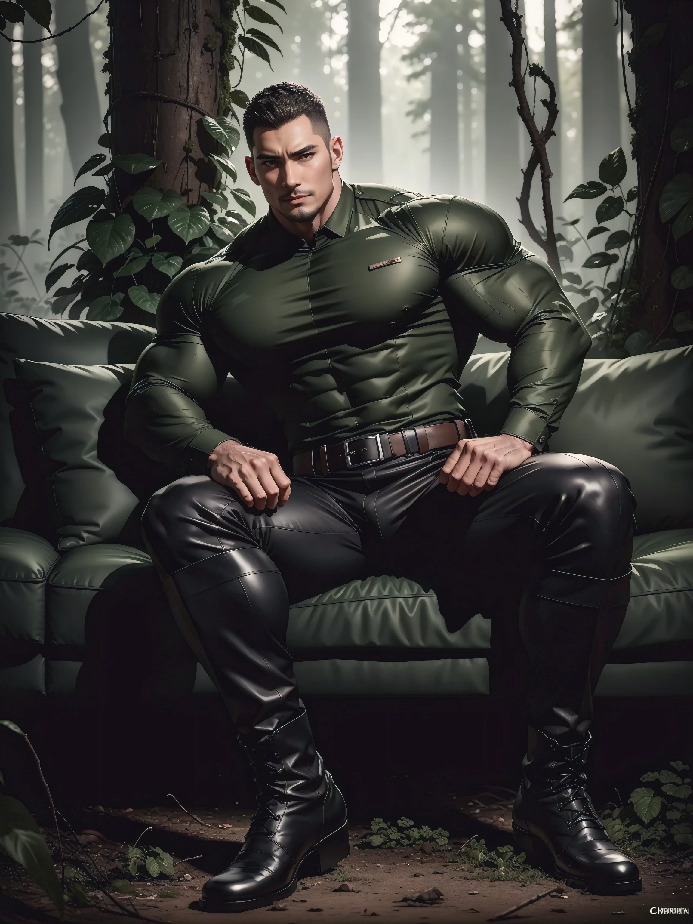 Tall giant muscular man sitting in the forest，Dark black camouflage military uniform，character  design（Resident Evil - Chris Redfield，Chris Redfield）His hairstyle is a crew cut，身穿Dark black camouflage military uniform，Matte texture，Soft and comfortable sofa，Sitting in the eerie sugar cane jungle, The body is wrapped in thick rattan，expression sad，Deep and charming eyes，The hero with emerald pupils，heroic masculine pose，Tall and burly，musculous！Charming leg muscles，tall, Burly, and strong， 身穿Dark black camouflage military uniform， Super gain and cool， commission for high resolution， Big feet in black boots，Charming strong man，Bright sunlight shines on the body，Matte particles with shiny texture