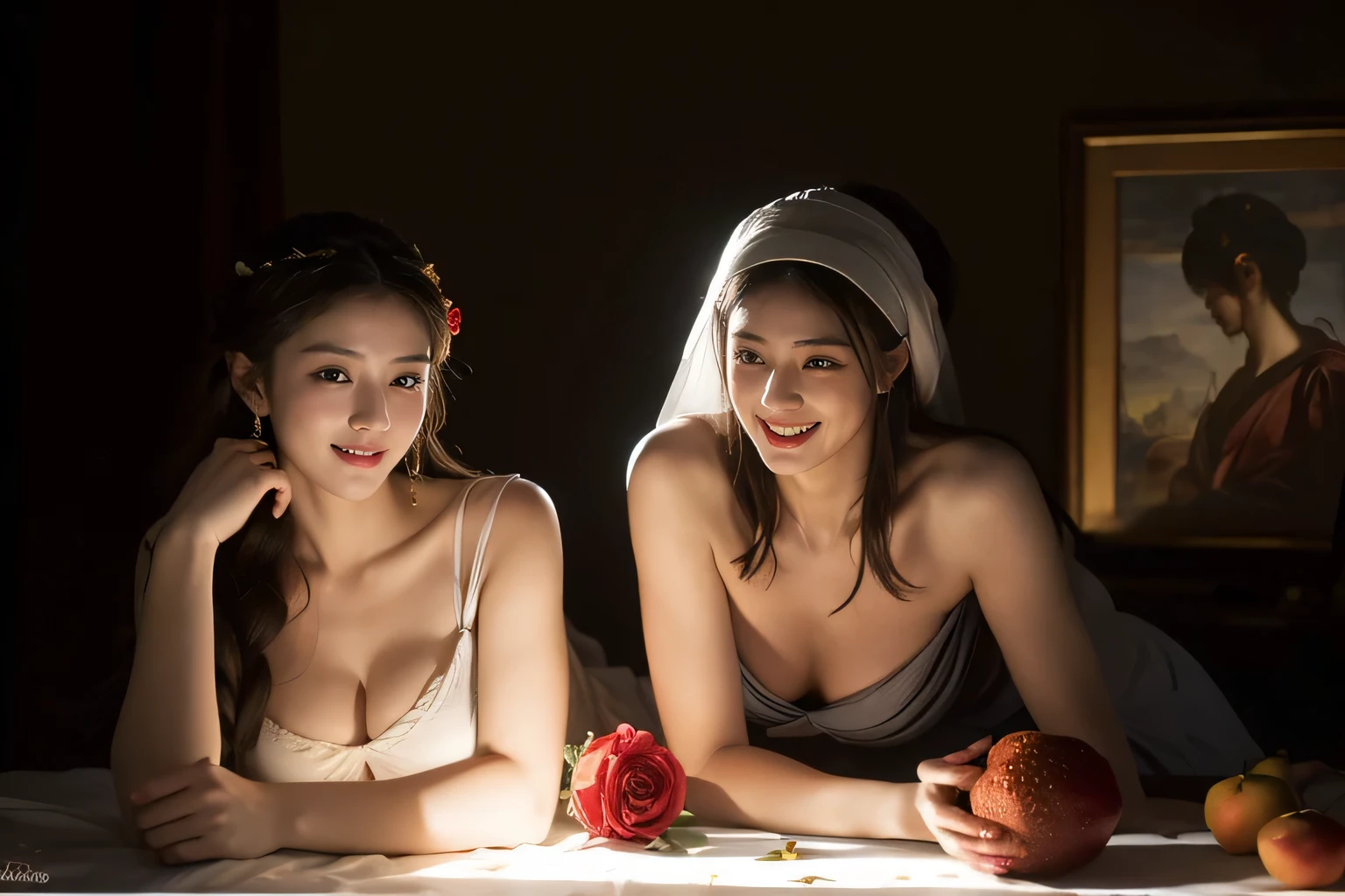 Ancient Greek maiden, ancient greek clothes, Woman, Pure smile, Caravaggio's paintings, Rose flower, fruits, big tits ton、 ,Caravaggio Chiaroscuro, Dark background,Expression of pleasure,Cute smile,burst into laughter