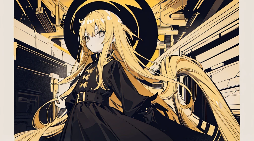 (silhouette:1.25), kirisame marisa, solo, sitting, alone, braid, blonde hair, yellow eyes, witch hat, black dress, waist apron, messy hair, glowing eyes, dark background, somber expression, looking down, dark energy, ripples, reflection, colorful, vibrant colors, portal to another world, superb, limited palette, spot color, blue