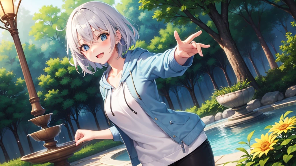 (masutepiece: 1.2, Best Quality), 1 Lady, Solo, silber hair,Shoulder out,Very short hair, long bangs between eyes, blue eyess,Black eyes, Hoodie,White hair, Silver hair, Hoodie, White hoodie、blue-sky、fountain in the forest、flower field、corolla、A smile、open open mouth、5 fingers