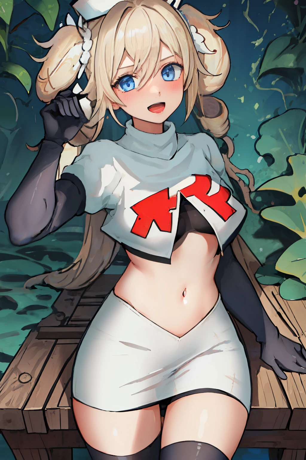 best quality, masterpiece, highres, solo, {barbara_genshin:1.15}, blonde_hair, blue_eyes, twintails, bangs, long_hair, drill_hair, twin_drills, hat, blush, breasts, white_headwear, hair_ornament, 1girl, hair_between_eyes, :d, team rocket,team rocket uniform,white skirt,red letter R,crop top,black thigh-highs,black elbow gloves