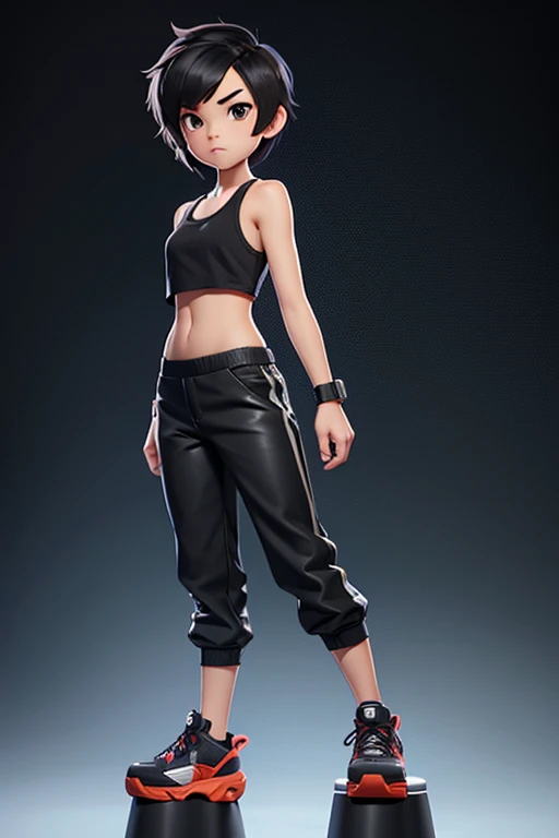 12 year old 2d female character with short hair and tank top and black mesh pants for platform game..